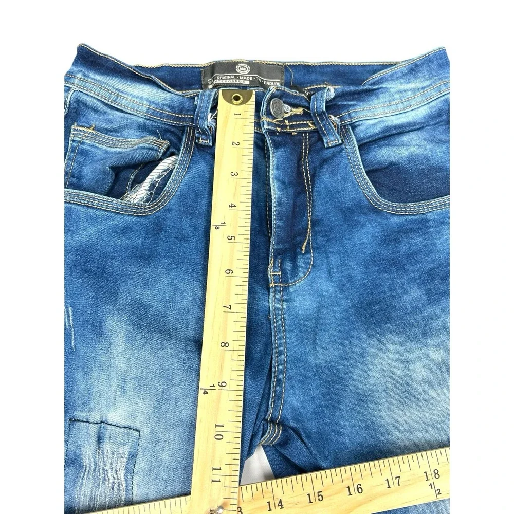Skateboard Distressed Skinny Jeans Men's Blue‎ Ripped Frayed Hem Stretch Size 28
